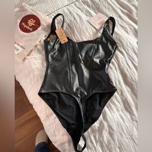 Faux leather thong bodysuit